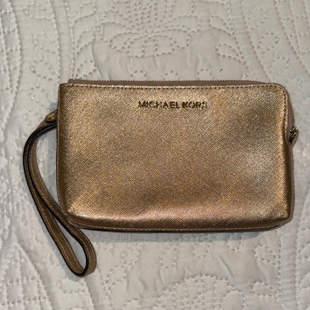 Authentic Michael Kors Metallic Gold Wristlet Clutch